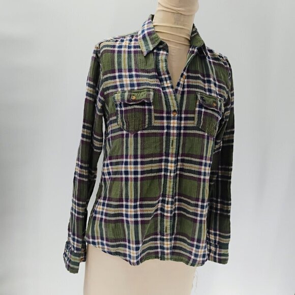 Abercrombie & Fitch Women's Olive Green Plaid Button Up Boyfriend Shirt flannel - Picture 9 of 11